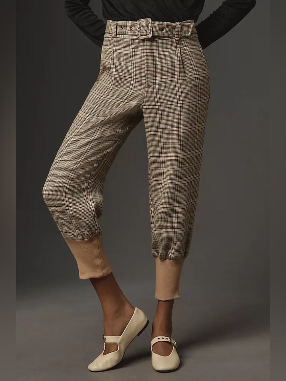 NWT Maeve By Anthropologie Boot Tuck Knit Trousers Plaid Brown Motif Size 4 - Picture 1 of 14